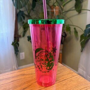 Dolly Parton Christmas Tumbler, 21.5 oz, Pink and Green with Straw, New